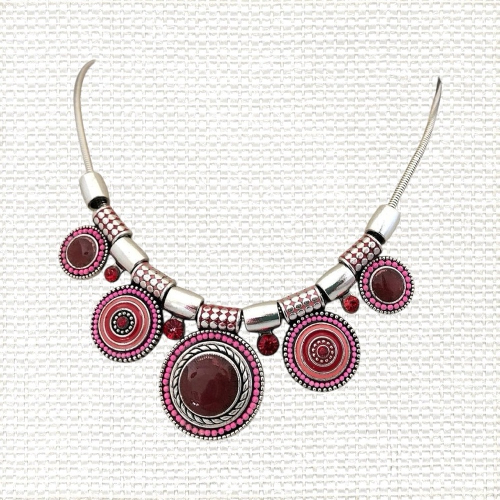 NEW Boho Chic Red White Silver Enamel Concentric Circles Rhinestones Necklace